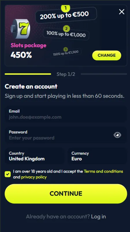 Winzter Casino registration screen